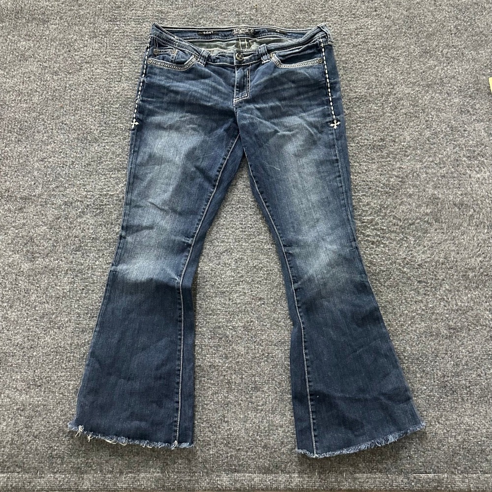 Affliction Jeans Womens Size 32 Blue Ziggy Black Premium Flare Raw Hem Contrast